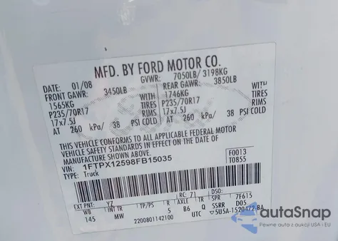 2008 Ford F-150 Fx2/Lariat/Xl/Xlt from USA, damaged, VIN 1FTPX12598FB15035